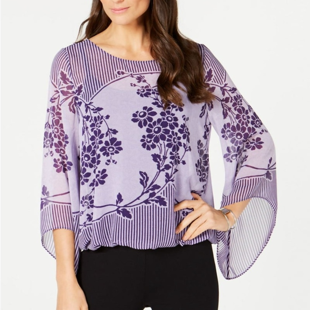 Alfani Purple Floral Stripe Blouse Bell Sleeve Top Medium
